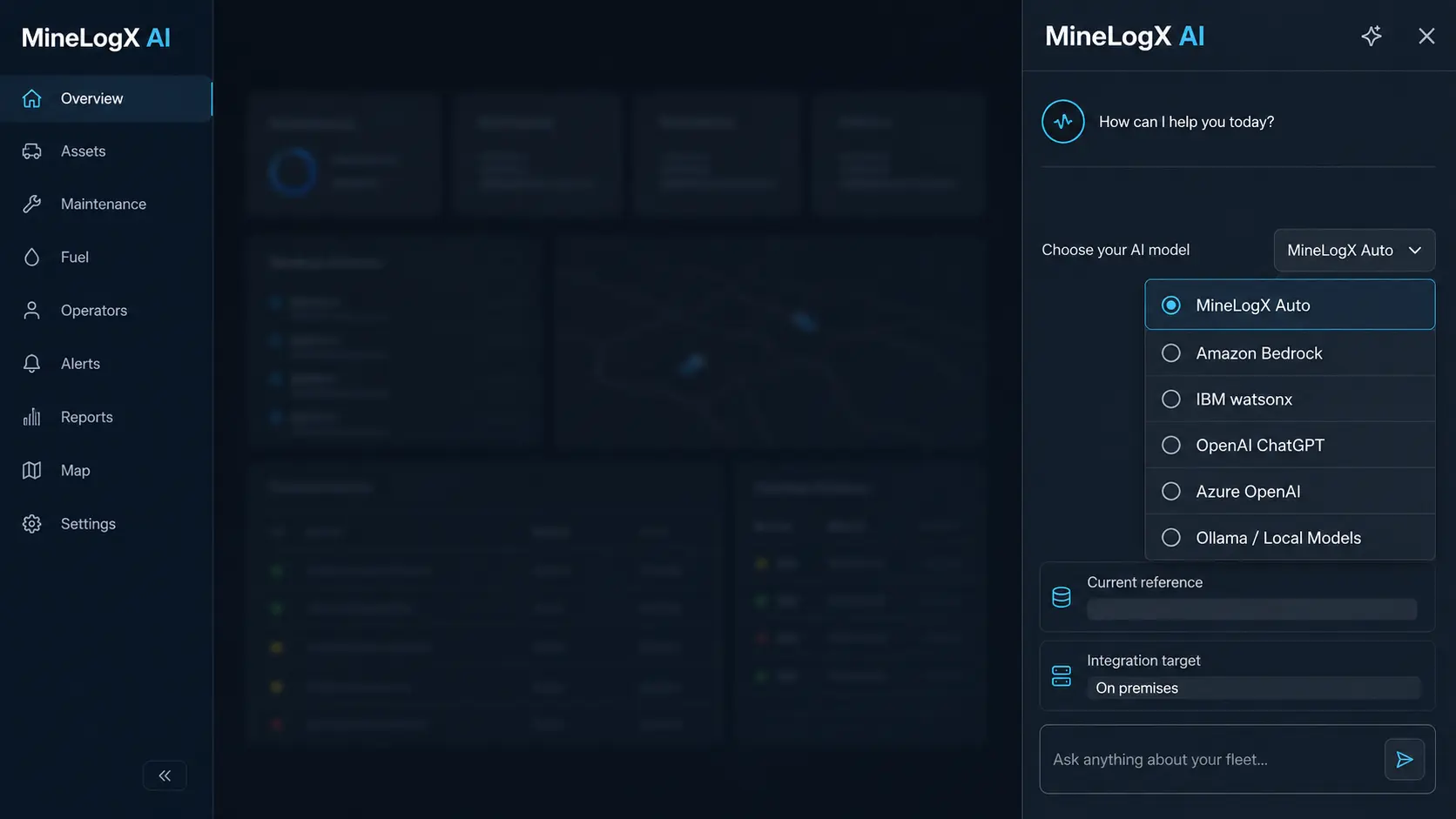 MineLogX AI showing the site menu and an assistant panel where the user chooses an AI model, including an on-premises option